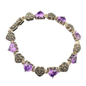 Heart-Shape Purple CZ Marcasite Bracelet Silver-Plated 6.75"  Love Vintage Style
